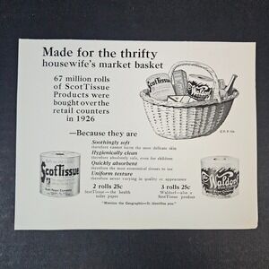 1927 ScotTissue Waldorf Toilet Paper‎ Vintage Print Ad Grocery Basket Bathroom